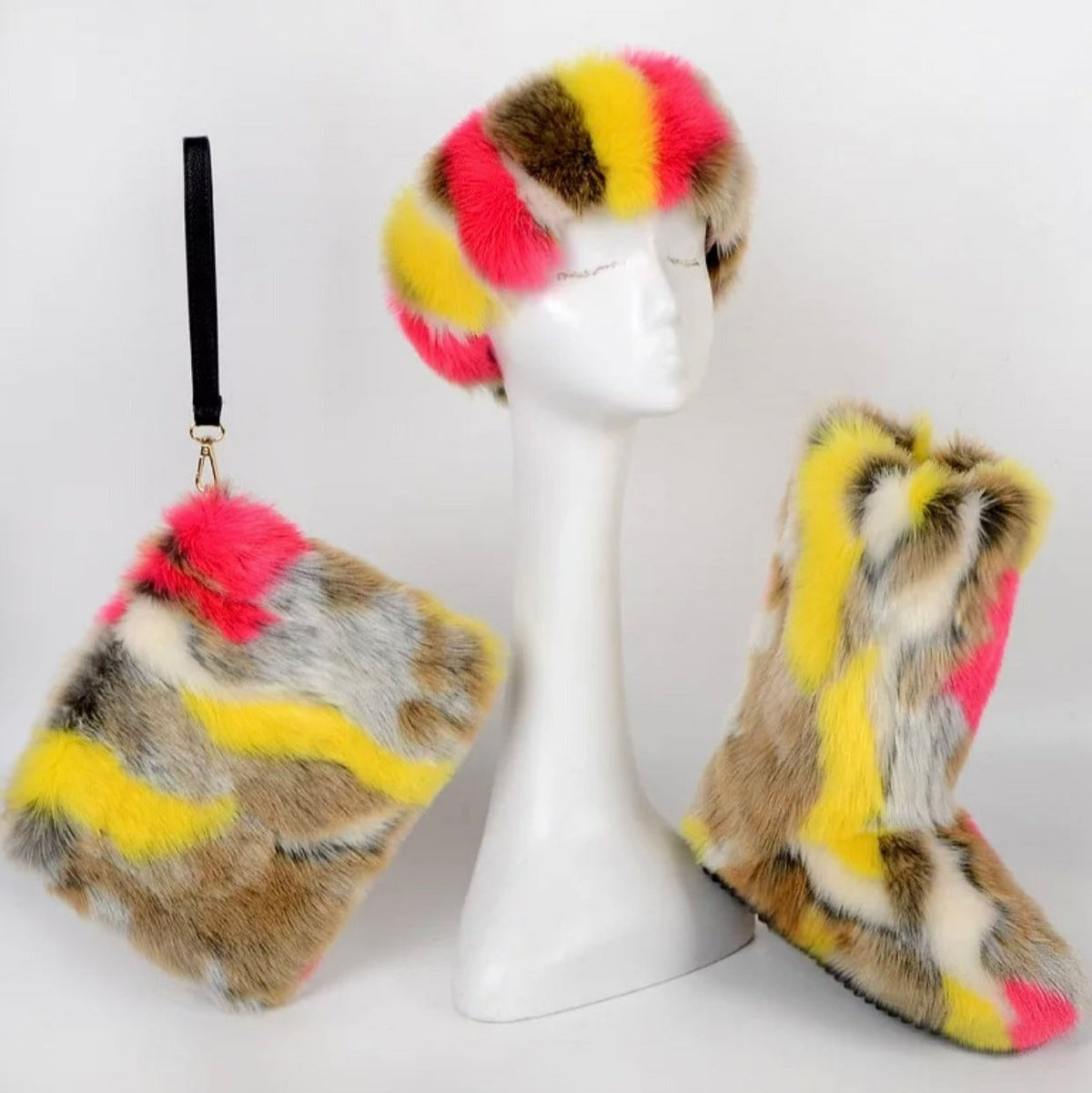 Luxurious Yellow Multicolor Fur Boots Set