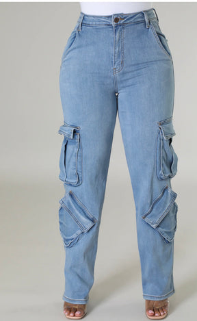 Women's High Waist Denim Cargo Pants - Flap Pocket Jeans for Effortless Style