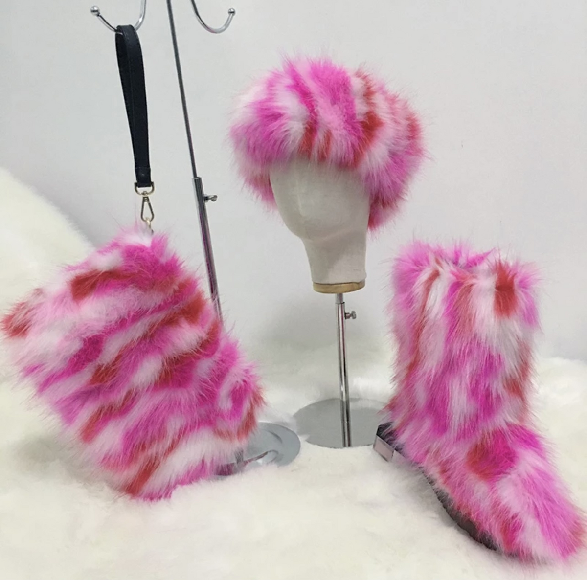 Luxurious Pink Multicolor Fur Boots Set